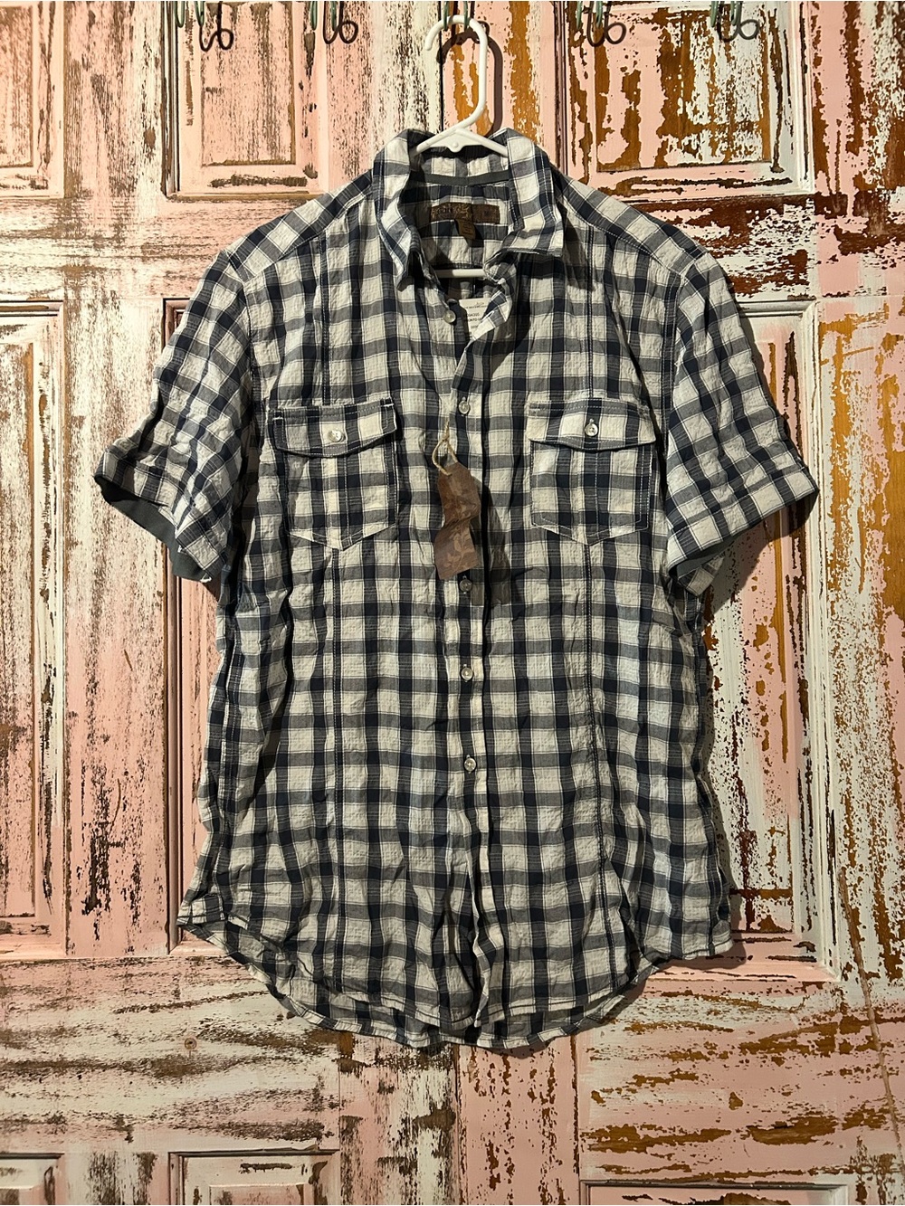 Men's Short-Sleeve Plaid Button-Down Shirt - Navy & White